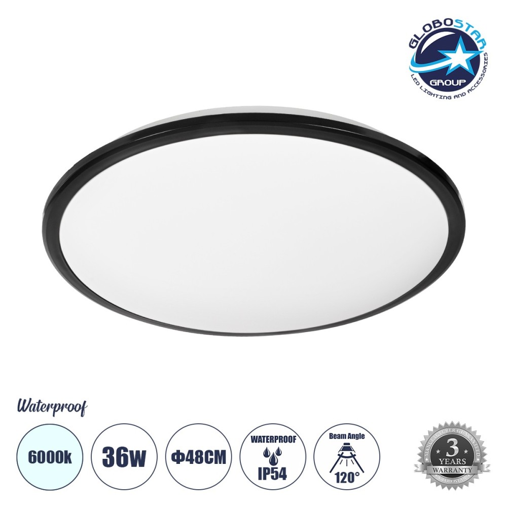 GLOBOSTAR® TUFFIN 60998 Φωτιστικό Πλαφονιέρα Οροφής LED 36W 4140lm 120° AC 220-240V Αδιάβροχο IP54 Ψυχρό Λευκό 6000K - Lumileds SMD Chip - Μαύρο Ματ & Λευκό Γαλακτερό - Μ48 x Π48 x Υ6.5cm - 3 Χρόνια Εγγύηση